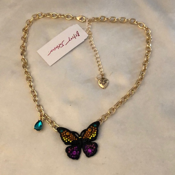 Betsey Johnson Gold Tone Black Butterfly Pendant Necklace Multi Colored Crystal - Picture 7 of 16